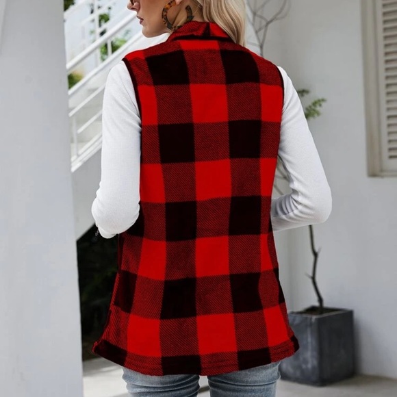 Teddy shearling waterfall open vest jack coat plaid buffalo black white - Picture 6 of 9
